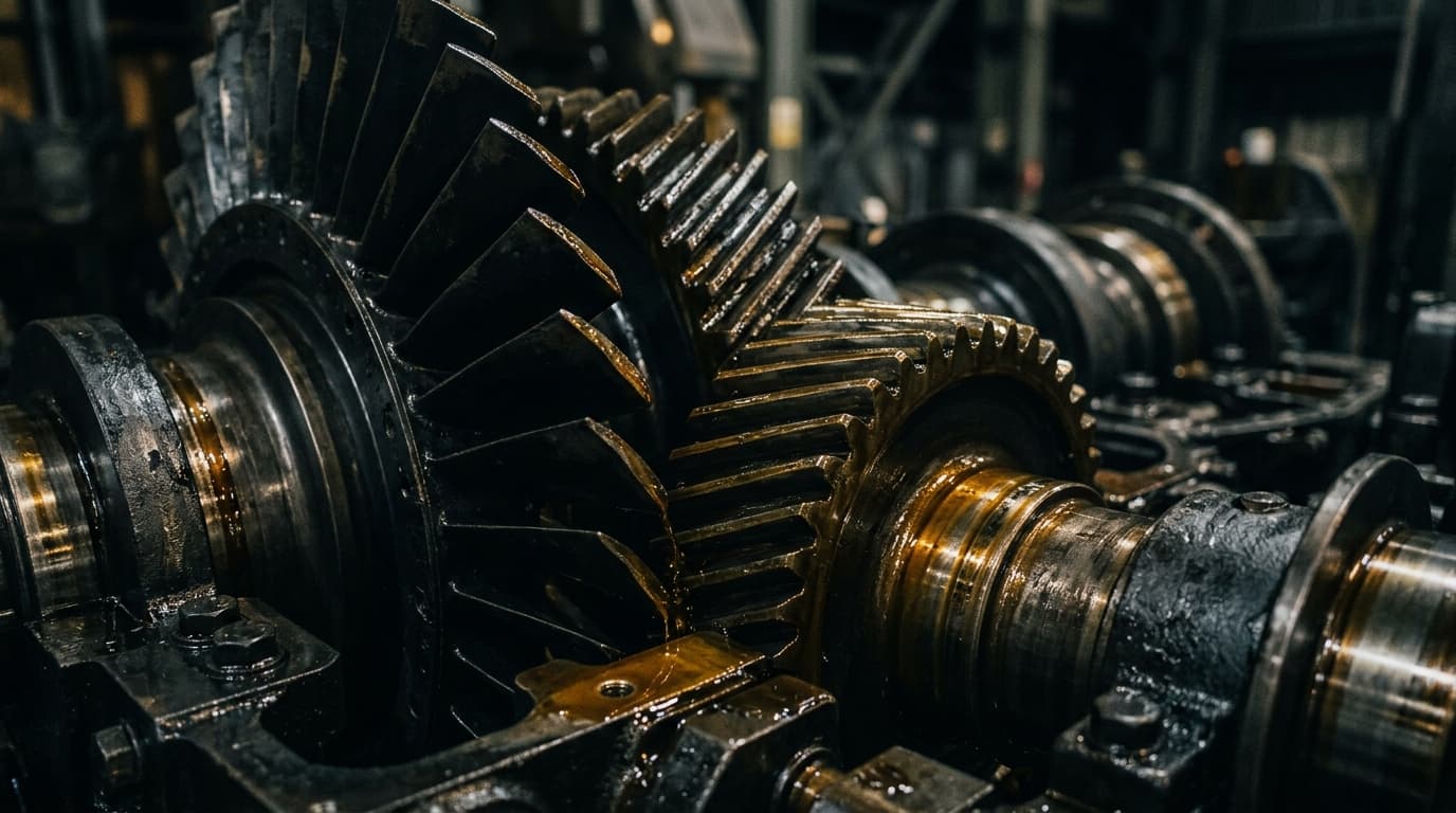 Heavy industrial turbine bevel gearing coated in Kenzoil protective lubricant